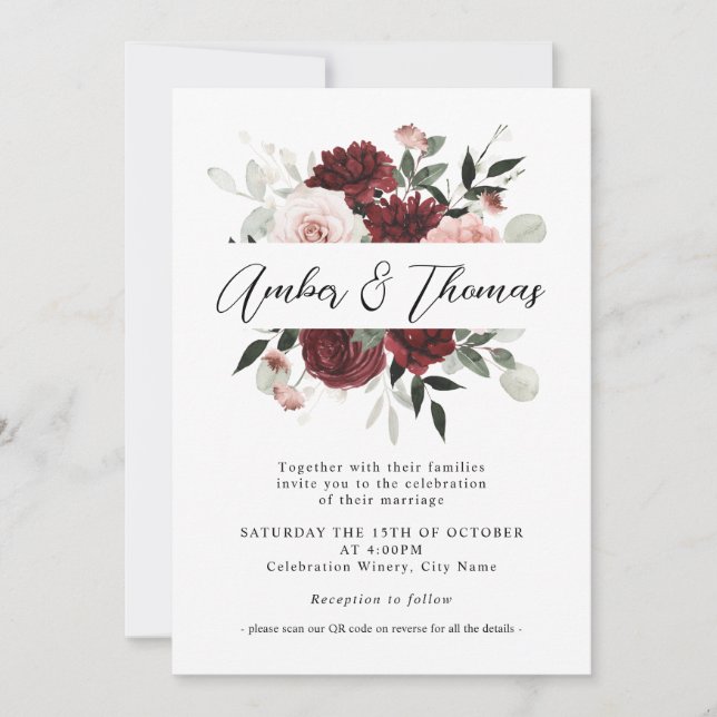 Invitación Elegante Boda floral Rubor Burgundy y Rubor  (Anverso)