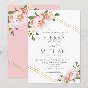 Invitación Elegante Boda floral Rubor color rosa oro geométri