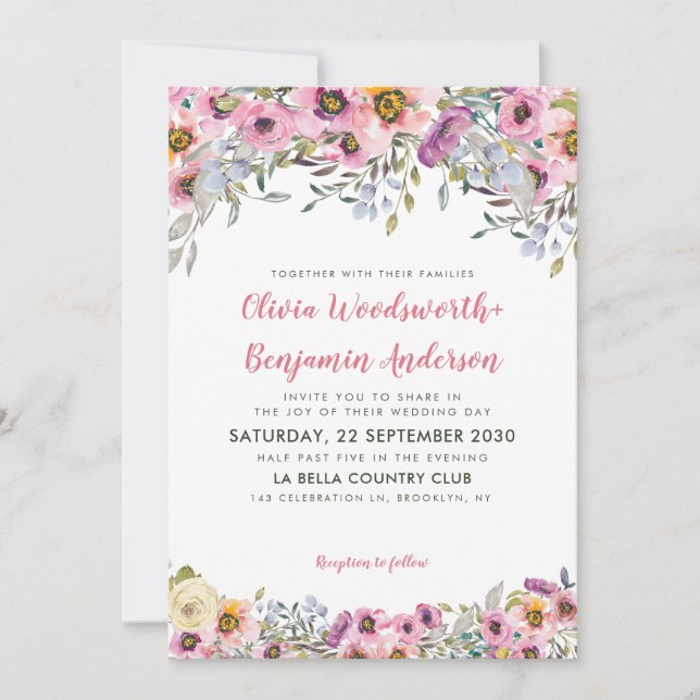 Invitación Elegante Boda floral Rubor de lavanda rosa de colo (Anverso)