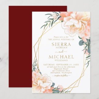 Invitación Elegante Boda floral Rubor Gold Peach Burgundy