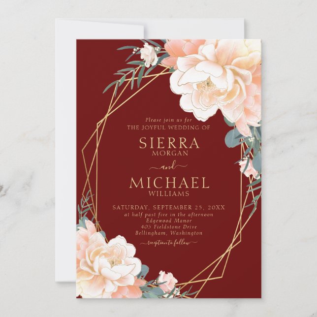Invitación Elegante Boda floral Rubor Gold Peach de Borgoña (Anverso)