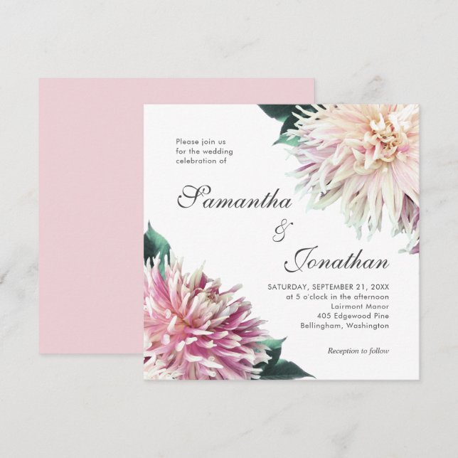 Invitación Elegante Boda floral Rubor Pink Dahlia (Anverso / Reverso)