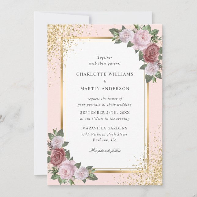 Invitación Elegante Boda floral Rubor Pink Gold Confetti (Anverso)