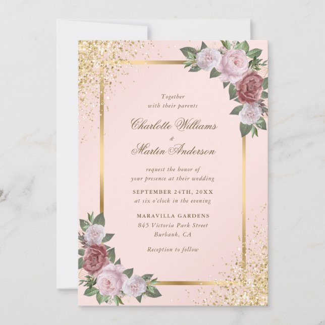Invitación Elegante Boda floral Rubor Pink Gold Confetti (Anverso)