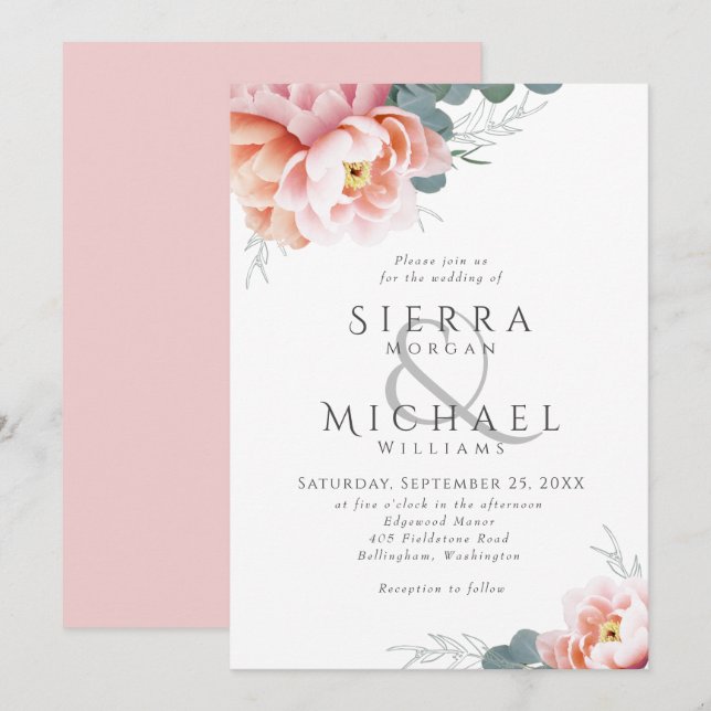Invitación Elegante Boda floral Rubor Pink Peony Greenery (Anverso / Reverso)