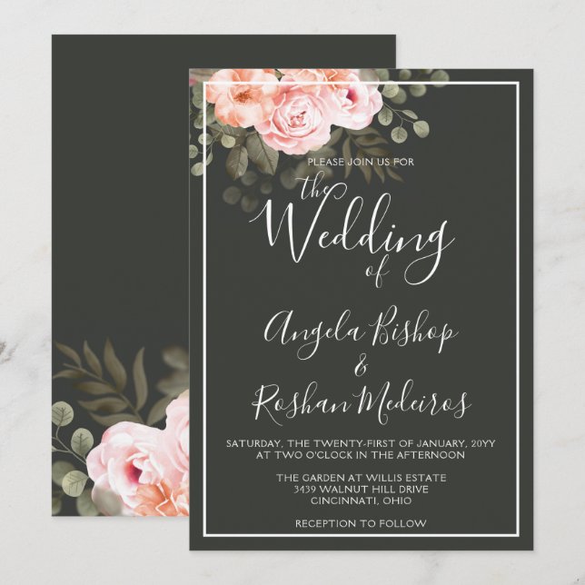 Invitación Elegante Boda floral Rubor rosa botánico moderno (Anverso / Reverso)