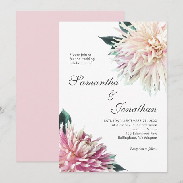 Invitación Elegante Boda floral Rubor rosa Dahlia (Anverso / Reverso)