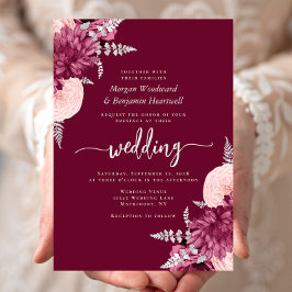 Invitación Elegante Boda floral Rubor Silver Borgoña