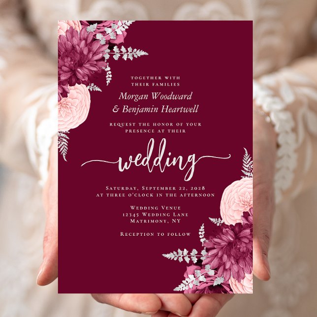 Invitación Elegante Boda floral Rubor Silver Borgoña (Subido por el creador)