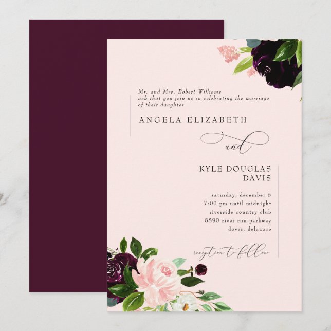 Invitación Elegante Boda Floral Rubor & Wine Bride Parents (Anverso / Reverso)