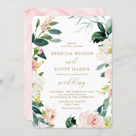 Invitación Elegante Boda floral Rubor y acuarela dorada