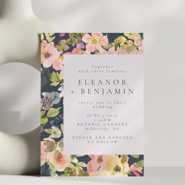 Invitación Elegante Boda floral Rubor y acuarela naval (Subido por el creador)