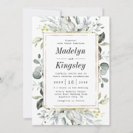 Invitación Elegante Boda floral Rústica Dusty Blue y Gold