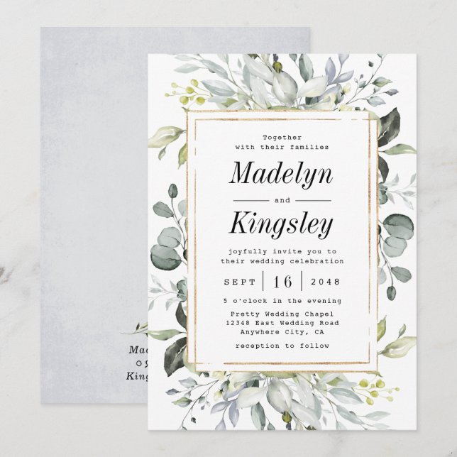 Invitación Elegante Boda floral Rústica Dusty Blue y Gold (Anverso / Reverso)
