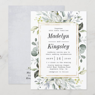 Invitación Elegante Boda floral Rústica Dusty Blue y Gold