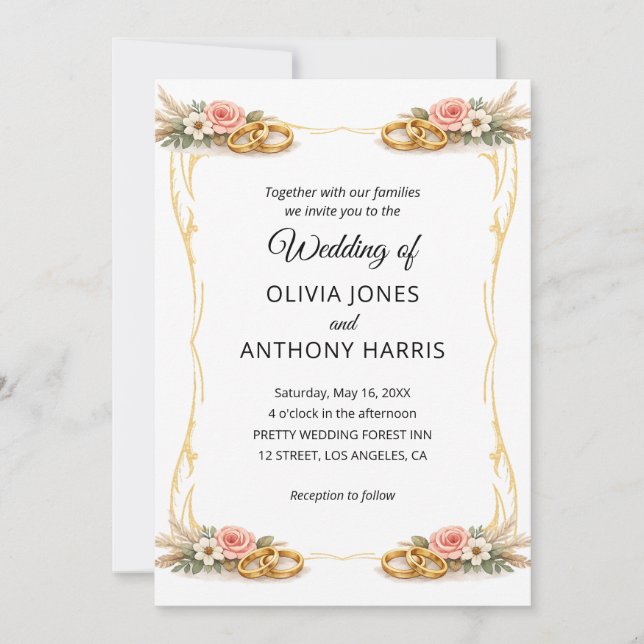 Invitación Elegante Boda Floral Rústica Geométrica de Oro (Anverso)