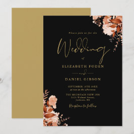 Invitación Elegante boda floral rústica negra y dorada