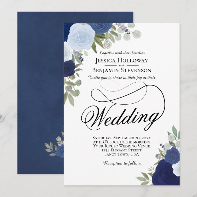 Invitación Elegante Boda floral rústico azul y marina (Anverso / Reverso)