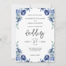 Invitación Elegante Boda floral rústico de la Marina Azul