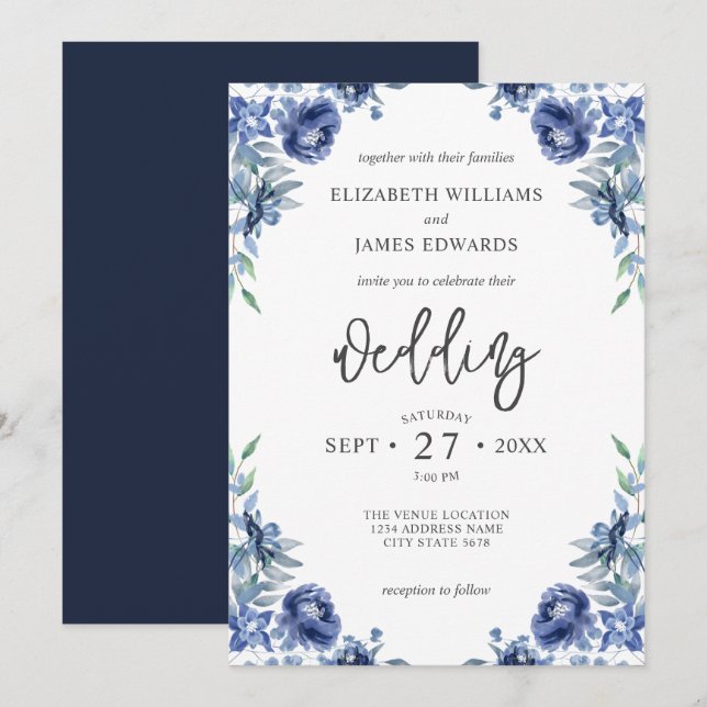 Invitación Elegante Boda floral rústico de la Marina Azul (Anverso / Reverso)