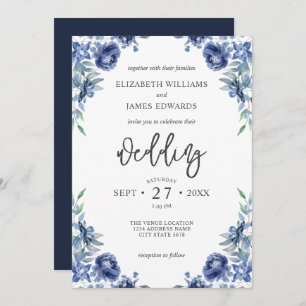 Invitación Elegante Boda floral rústico de la Marina Azul
