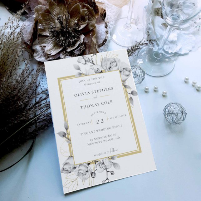 Invitación Elegante Boda floral Rústico de Oro Blanco Negro (Subido por el creador)