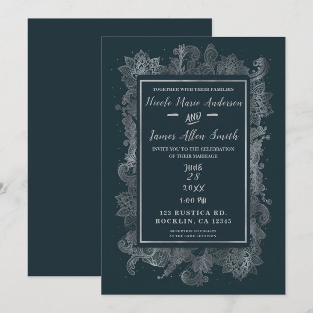 Invitación Elegante Boda floral Rústico Misty Blue & Silver (Anverso / Reverso)