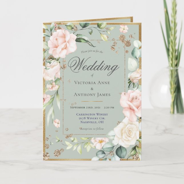 Invitación Elegante Boda Floral Sage Verde Todo En Uno (Anverso)