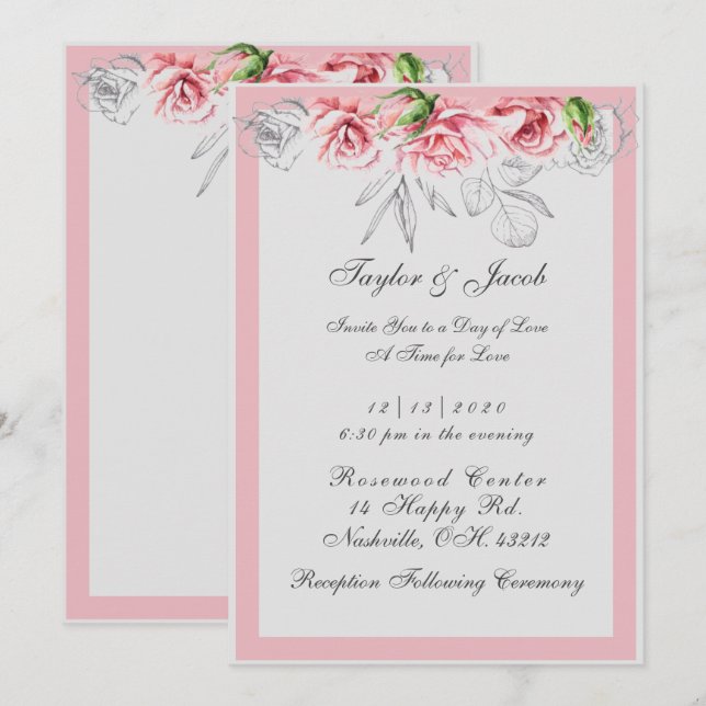 Invitación Elegante boda floral script en rosa y gris (Anverso / Reverso)