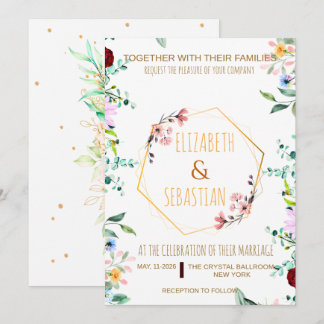 Invitación Elegante Boda Floral Silvestre Geométrica de Oro
