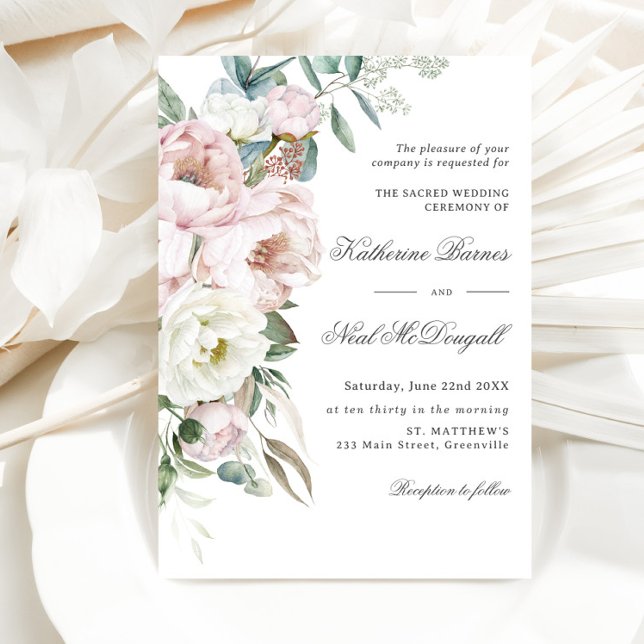 Invitación Elegante Boda floral suave Rubor Ivory Peonies (Subido por el creador)