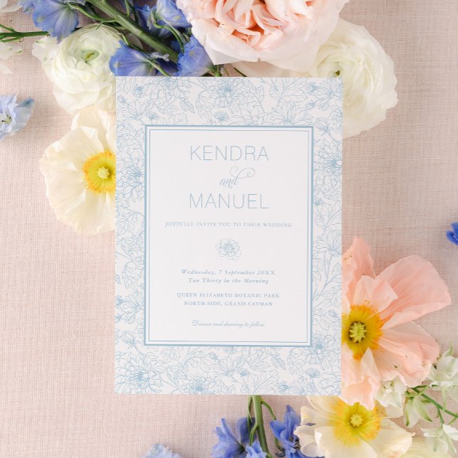 Invitación Elegante Boda Floral Toile Blue (Subido por el creador)