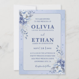 Invitación Elegante Boda Floral Tradicional Acuarela Azul