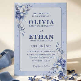 Invitación Elegante Boda Floral Tradicional Acuarela Azul