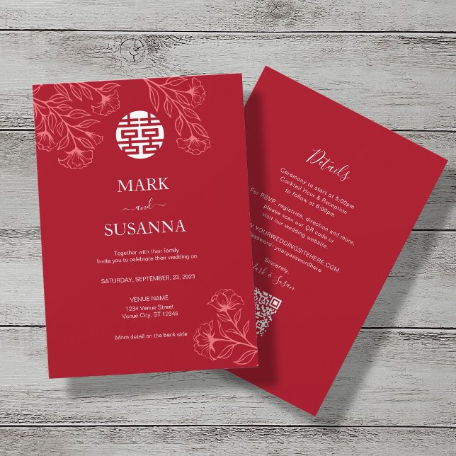 Invitación Elegante Boda floral tradicional chino (Ing.) (Subido por el creador)