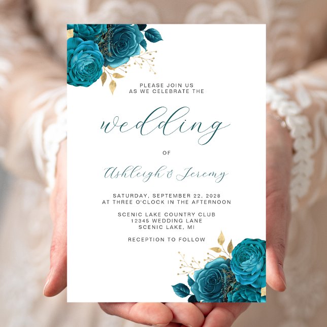 Invitación Elegante Boda Floral Turquoise Gold Script (Subido por el creador)