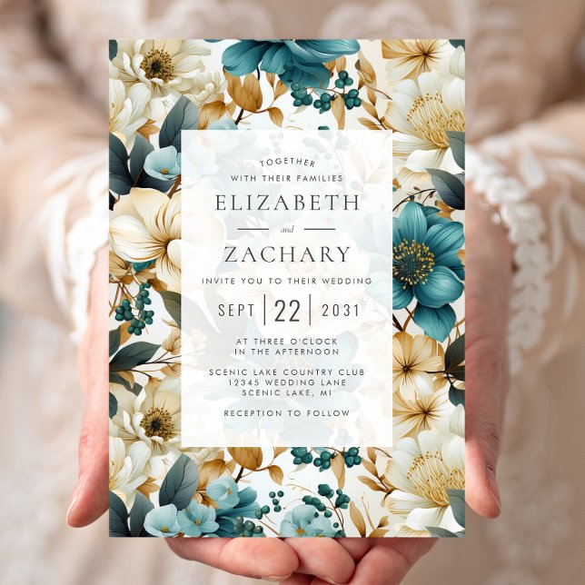 Invitación Elegante Boda floral Verde azulada marfil-oro (Subido por el creador)