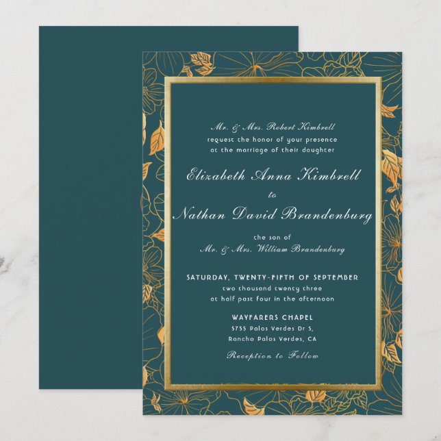 Invitación Elegante Boda floral Verde azulado Azul Y Oro (Anverso / Reverso)
