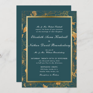 Invitación Elegante Boda floral Verde azulado Azul Y Oro