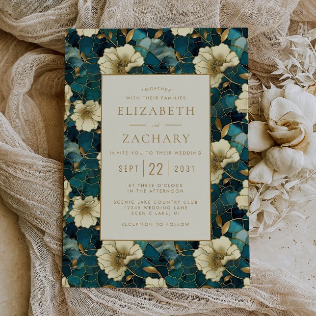 Invitación Elegante Boda floral Verde azulado Cream Gold (Subido por el creador)