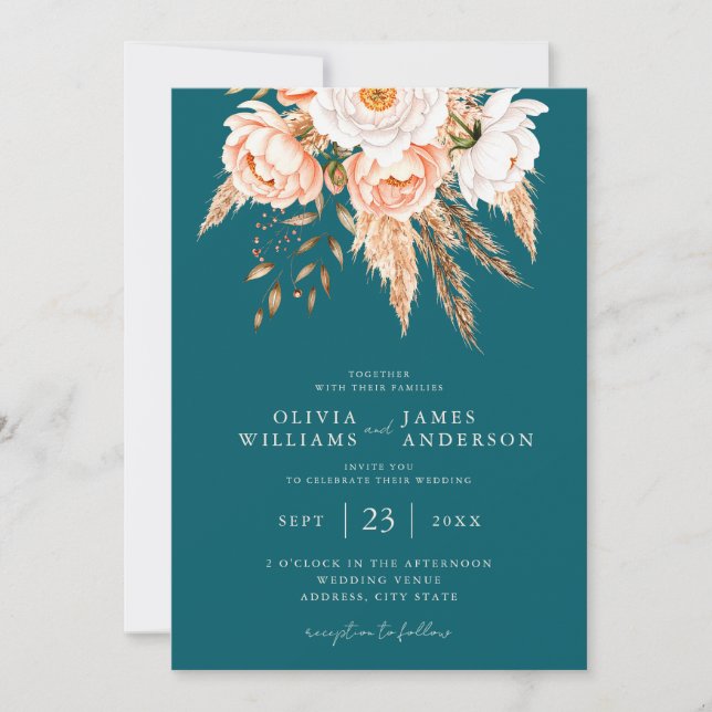 Invitación Elegante Boda floral Verde azulado de la Moda Boho (Anverso)