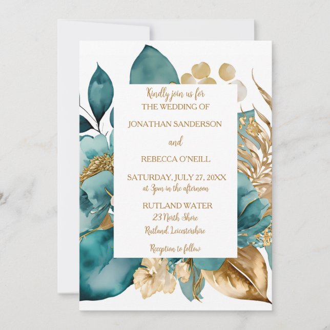 Invitación Elegante boda floral Verde azulado y dorado (Anverso)