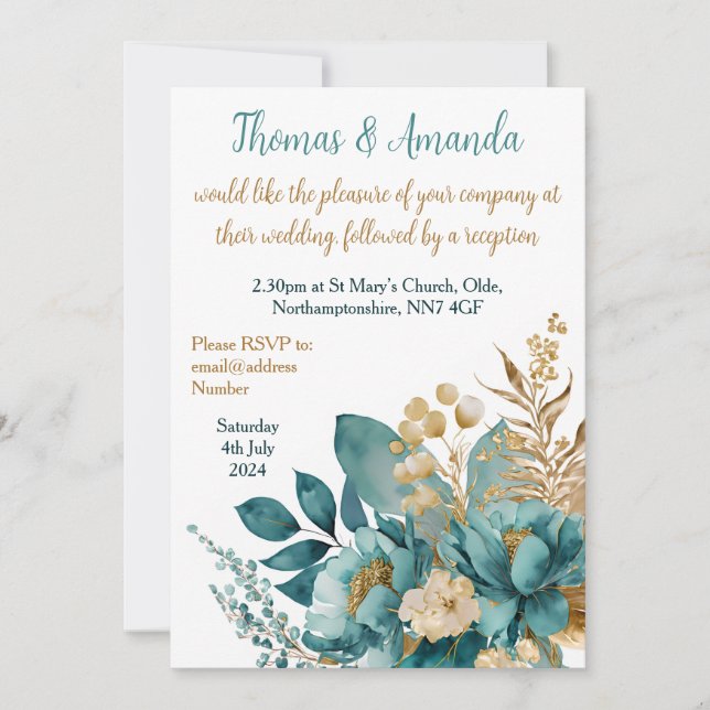 Invitación Elegante boda floral Verde azulado y dorado (Anverso)