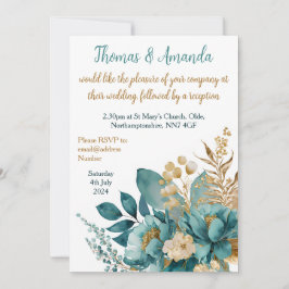 Invitación Elegante boda floral Verde azulado y dorado