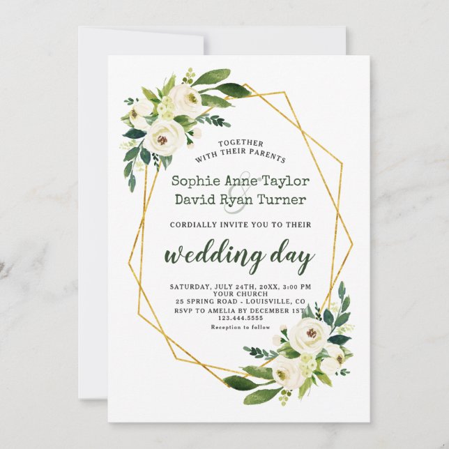 Invitación Elegante Boda floral verde blanco de diamantes dor (Anverso)
