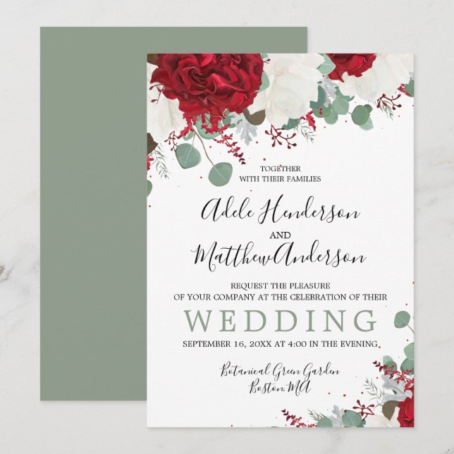 Invitación Elegante Boda floral verde borgoña (Anverso / Reverso)