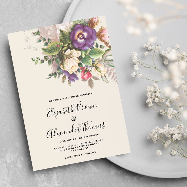 Invitación Elegante boda floral verde de marfil púrpura botán (Elegant botanic purple ivory green floral wedding invitation )