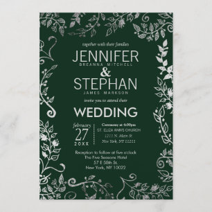 Invitación Elegante Boda floral verde de plata verde forestal