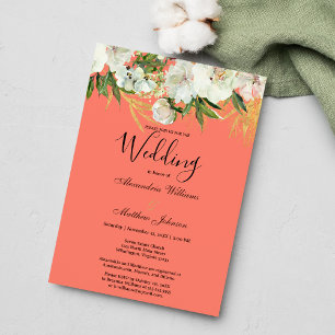 Invitación Elegante Boda floral verde dorado de coral blanco