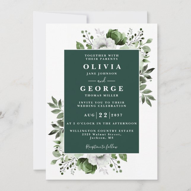 Invitación Elegante Boda Floral Verde Esmeralda Todo en Uno (Anverso)